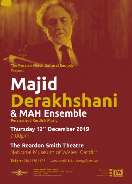 Poster of Majid Derakhshani and MAH Ensemble, Persian and Kurdish music event.