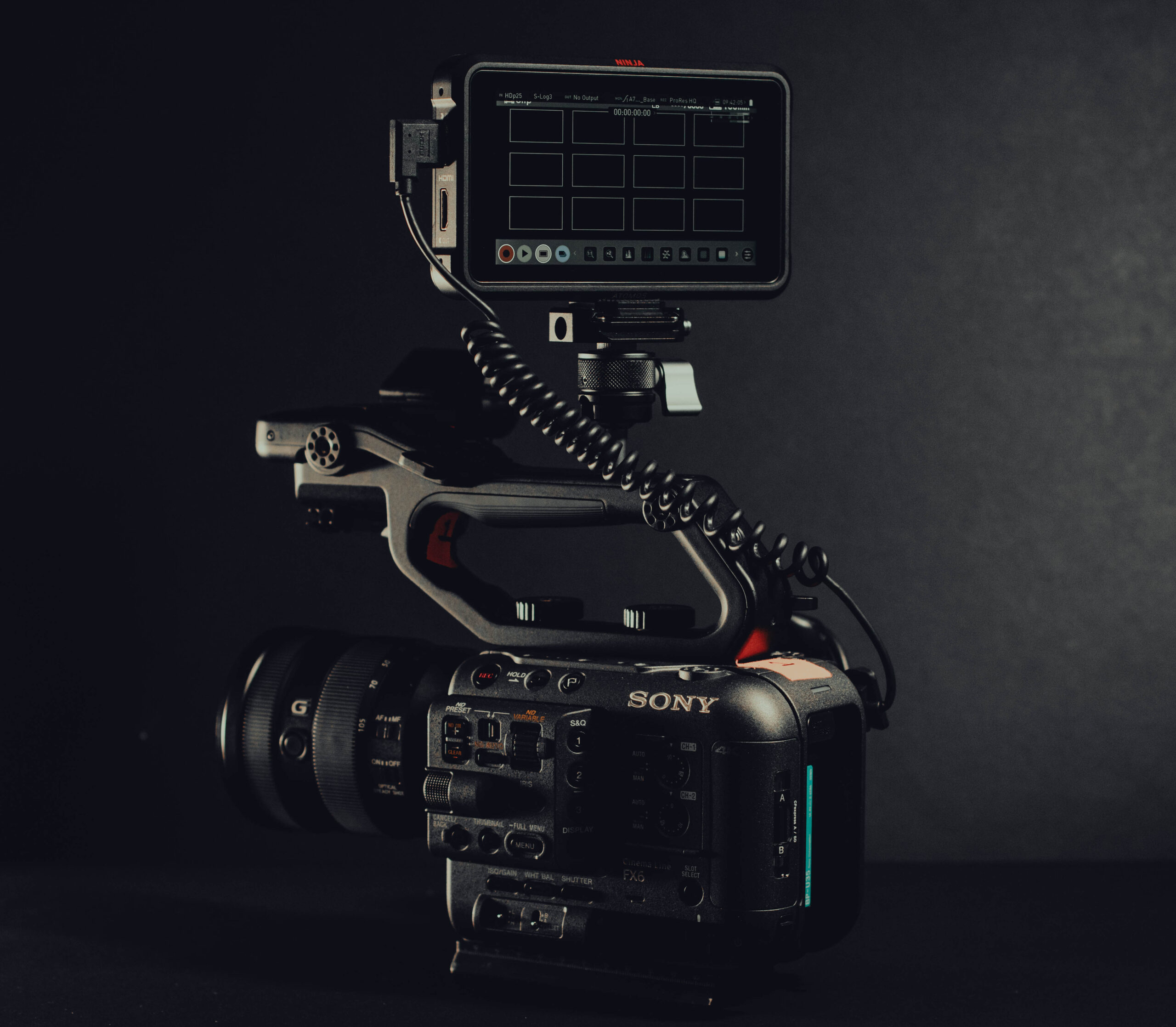Ninja V Atomos mounter on our Sony FX6 camera. Available on discount in our Camera hire shop in Cardiff.